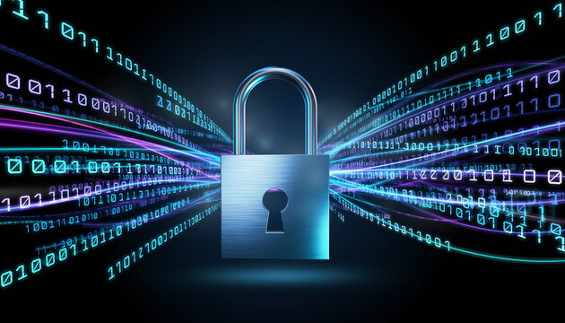 Cybersecurity Concept with Padlock and Flowing Binary Code in Digital Environment