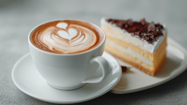 Elegant coffee art latte with delicious cake slice in soft morning light