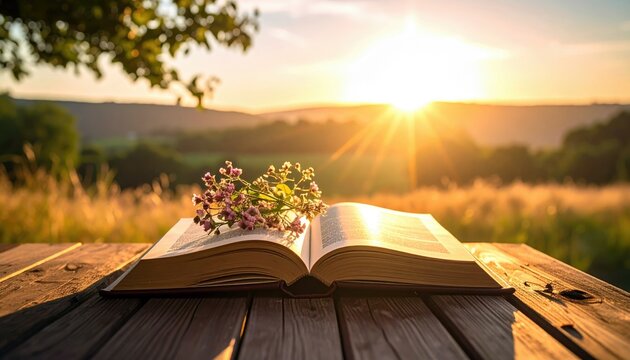 An open book with flowers rests on a wooden table outdoors, with a bright sunset in the background.