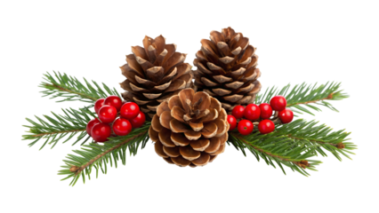 Pinecones and holly berries isolated on transparent background