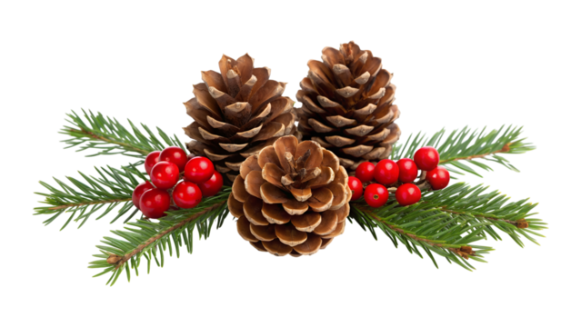 Pinecones and holly berries isolated on transparent background - Powered by Adobe