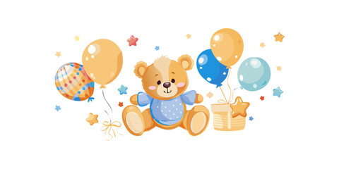 Baby Boys art posters cute cuddly teddy bear and balloon  design composition in trendy contemporary collage style, for wall art decoration, postcard, cover design .vector icon