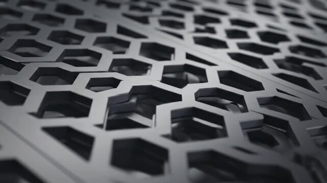 Close up of a gray metal sheet with a repeating hexagonal pattern and shallow depth of field