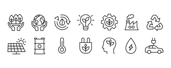 Eco-Friendly Living Line Icons Set for a Greener Future, Sustainable Energy Solutions and Clean Environment, Perfect for Eco-Conscious Designs