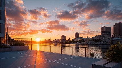 Obraz premium Sunset over the river with city skyline and basketball court in view