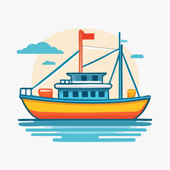 Naklejka premium Colorful Fishing Boat Sailing on Blue Water Under a Warm Sun with Clouds and a Red Flag