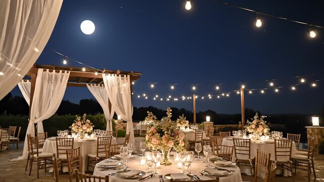 Romantic Outdoor Wedding Reception Venue at Night Under String Lights and Moonlight