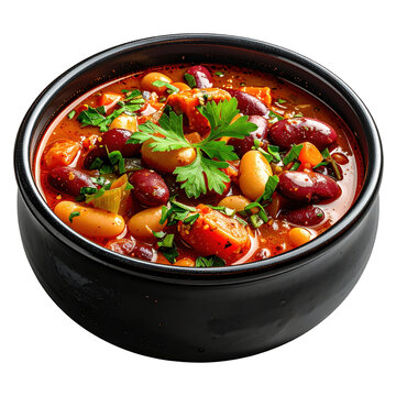 Pasulj, a traditional Serbian bean stew with smoked meat and vegetables, isolated on white background.