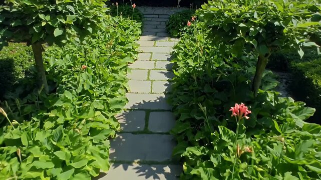 Stone Tile Path Surrounded by Greenery in a Lush Garden on Sunny Day