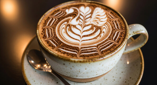 Indulge in this stunning coffee art cappuccino, a delicious treat to brighten your day and add elegance to your cafe or restaurant promotions!