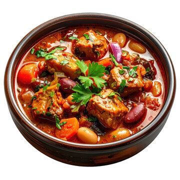 Traditional Pasulj, a staple in Serbian households, made with beans and smoked ribs, isolated on white background.