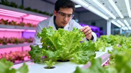 Scientist Checking Plants in Modern Vertical Farming Facility