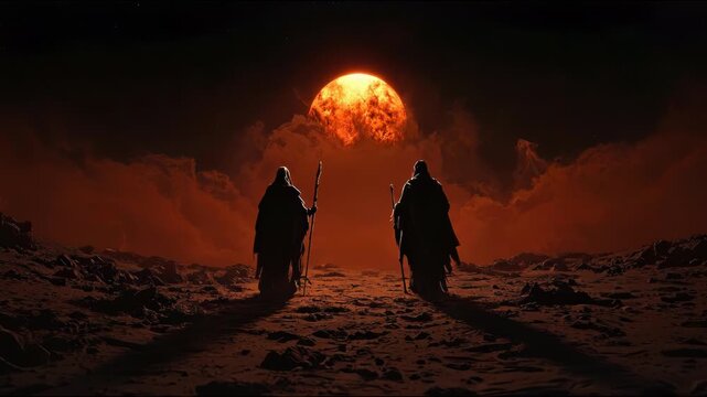 Two cloaked figures stand on barren ground beneath a fiery sun, holding staves. Red clouds and a starry sky form a dramatic backdrop