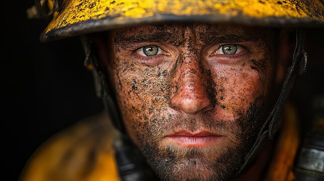 Close up portrait of a determined worker with a hard hat and dirt on his face looking directly at the viewer with piercing blue eyes