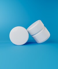 Two White Plastic Jars Mockup with Ribbed Caps on Blue Background
