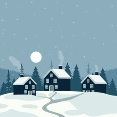 Fototapeta premium Winter Christmas village with houses against a backdrop of a winter night, snow, moonlight. Flat vector illustration in blue, gray tones. Perfect for Christmas cards, winter New Year's designs