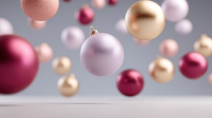 Various colored Christmas ornaments in soft focus floating against a neutral background