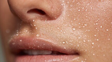 Fototapeta premium Close up of a human face with sweat beads on skin highlighting texture and moisture