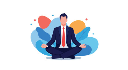Businessman in a suit meditating in the lotus position to find balance and relieve stress from corporate office work life.