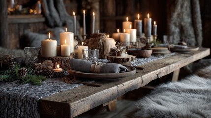 Rustic wooden table set with lit candles pine cones and natural decor table setting