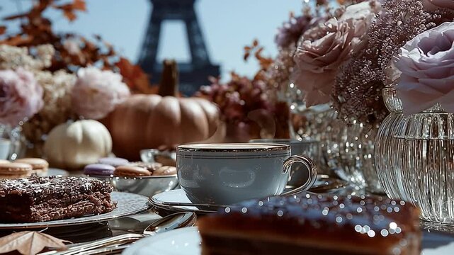 Autumn gathering in Paris featuring pastries, flowers, and the Eiffel Tower in the background
