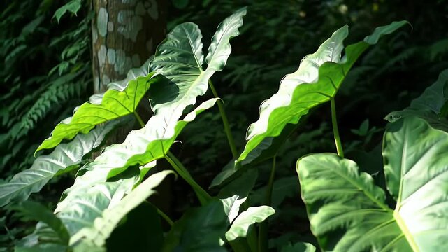 Close Up Of Green Elephant Ear Plants In Forest With Sunlight And Shadows