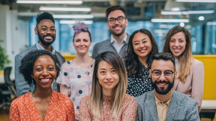 Diverse group of smiling people men and women posing together in an office environment