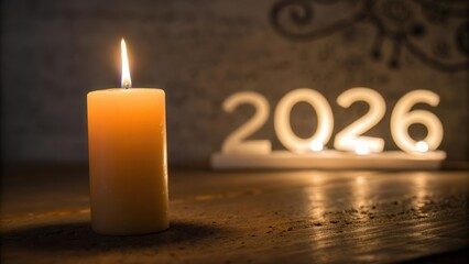 Subtle 2026 text behind single candle glow in background