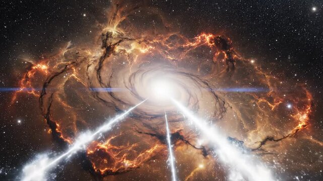 Stunning visualization of an active galactic nucleus with a supermassive black hole emitting powerful relativistic jets into space