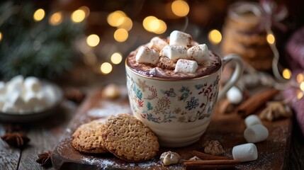 A cozy mug of hot chocolate topped with marshmallows next to cookies and cinnamon sticks with festive bokeh lights