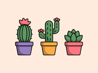 Charming Illustration of Three Potted Plants Featuring a Cactus and a Succulent with Colorful Pots