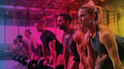 Group of people in gym performing weightlifting exercises with barbells