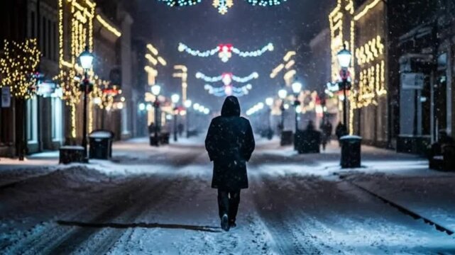 Man walking alone in snowy street decorated with Christmas lights  