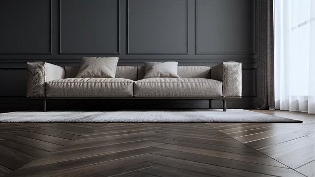 Elegant Living Room with Beige Sofa Dark Gray Wall and Parquet Flooring