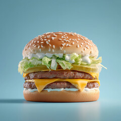 Cheeseburger with Lettuce and Sesame Seed Bun on Blue Background