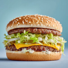 Cheeseburger with Lettuce and Sesame Seed Bun on Blue Background