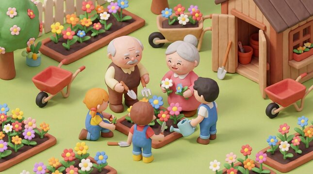 Clay style scene of grandparents and kids gardening. Illustrates active aging, mobility, and bone health through light outdoor exercise. Perfect for family wellness topics.