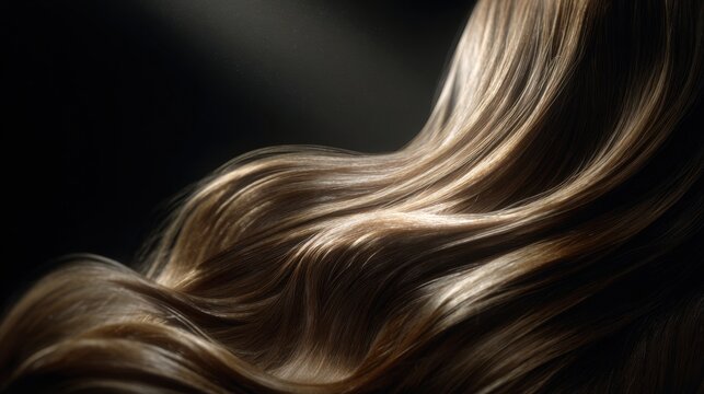 Close up macro of lustrous brown and blonde wavy hair strands with subtle highlights against a dark background