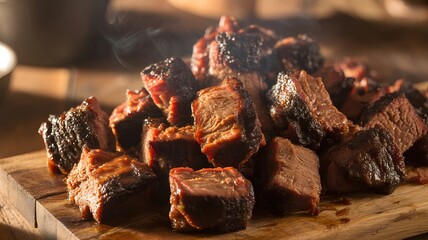 Delicious smoked beef burnt ends tender and flavorful barbecue meat served on a wooden board for a hearty meal