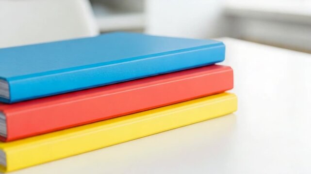 Three colorful binders stacked neatly on a bright white desk, showcasing organization and education supplies for office or school work.