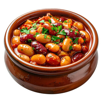 A close-up view of prebranac, showcasing the tender beans and caramelized onions in a rich sauce, isolated on a white background.