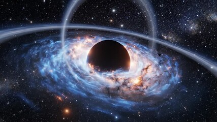 Stunning artistic visualization of a black hole with a bright accretion disk of glowing blue and orange gas and stars in deep space - Powered by Adobe