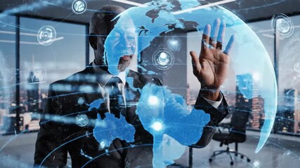 A businessperson in a suit, interacts with holographic data visualization, featuring a globe - Powered by Adobe