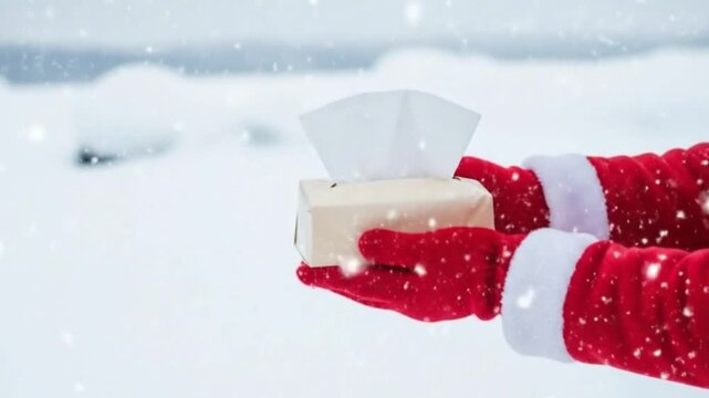 Santa holding tissue box in snowy outdoor environment during winter  