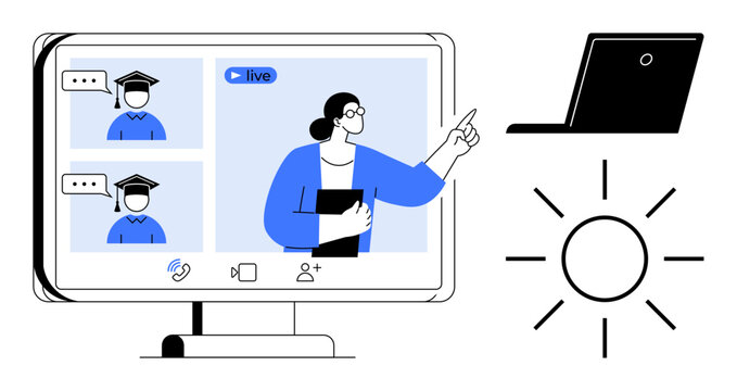 Teacher instructing students in live online class on monitor screen, with laptop and sun suggesting remote learning. Ideal for education, e-learning, tutoring, webinars, teaching, remote work