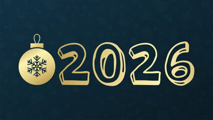 2026 Happy New Year vector greeting card with Christmas ball. Stars and snowflake background. Illustration for celebration, congratulation, decoration, winter holiday, web