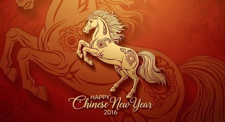 Golden Horse Silhouette on Red Textured Background Celebrating Lunar New Year with Traditional Ornate Patterns and Festive Script