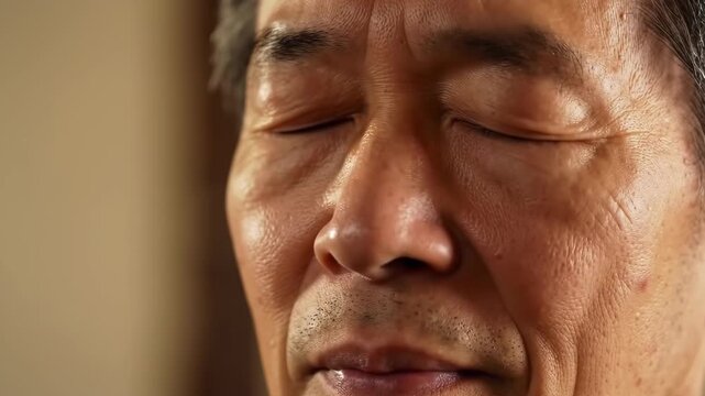 Close-up of a mans face with closed eyes, showing deep emotion and contemplation.