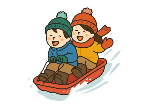 楽しそうにそり滑りをする子供たちのイラスト Chrildren Sledding