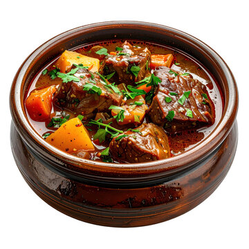 Rupjmaize and stew presented on a wooden board, a rustic Baltic meal, isolated on white background.